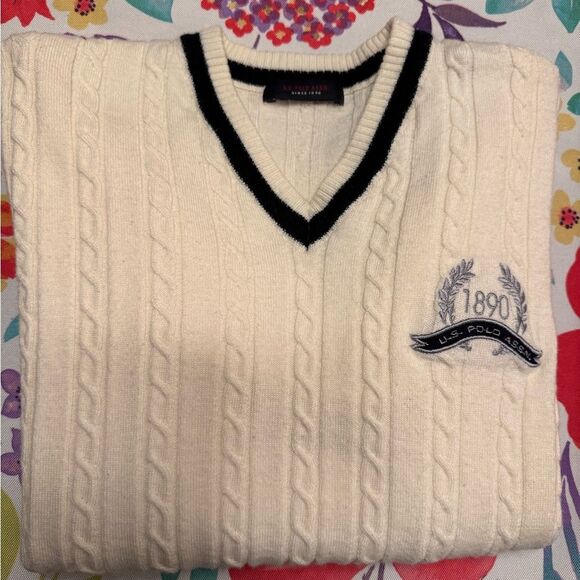 U.S. Polo Assn. Men's V-Neck Cable Knit Beige Sweater Size Large - Picture 3 of 12